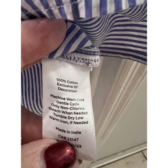 Talbots Blue White Pencil Stripe Floral Embroidered Peasant Top Sz L - Picture 8 of 10